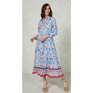 Ro's Garden Jinette Maxi Blue Ozzie Orange White Button Front Dress